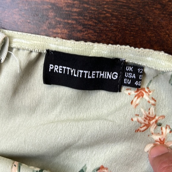 Pretty Little Things Sage Satin Floral Drape Bardot Dress - Picture 7 of 8